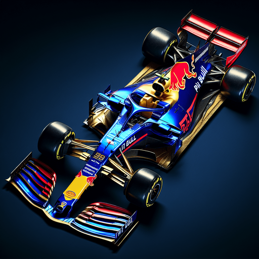 F1 Toro Rosso race car. 
ROYAL BLUE BODY WITH golden " PIT BULL"  TEXT. Red rear wing. Golden front wing. Top view..
Single Game Texture. In-Game asset. 2d. Blank background. High contrast. No shadows.