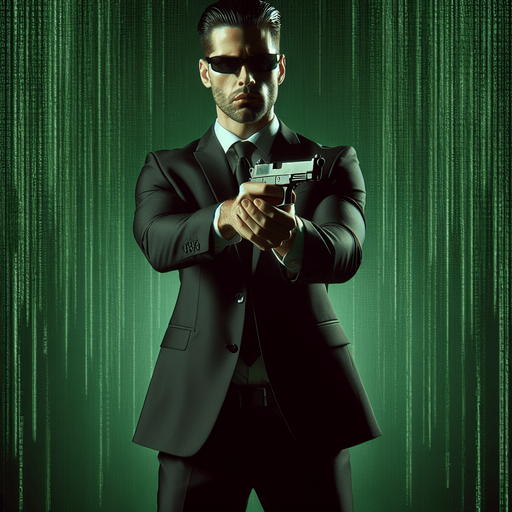FULL-LENGHT Standing Smith agent from the Matrix, He holds the pistol in front of him to aim. front view.