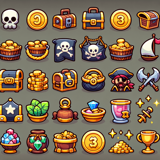 sprite sheet for slot machine symbols featuring highly polished icons, for a cute casual 2d flat design illustraton vector style for a cute pirate themed game featuring a doublon, a duffle bag, a chest, a treasure, a pile of treasure, a pile of gold, a pirate flag, a chalice and other pirate like icons, each distinct from each other. blender 3D quality.
Single Game Texture. In-Game asset. 2d. Blank background. High contrast. No shadows.