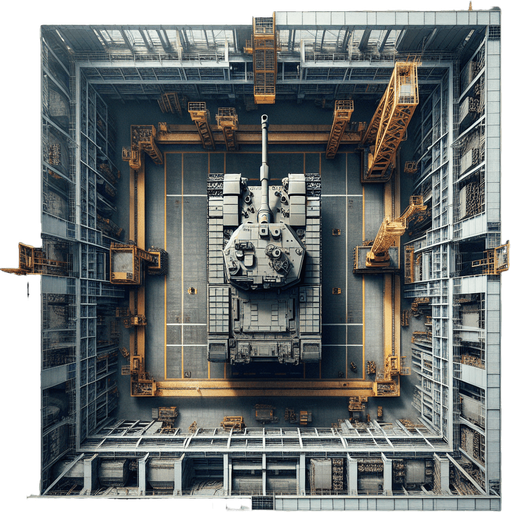 Simple heavy army tank factory buiding a tank with a crane. Square fence...
Zenith view Directly overhead. Plumb view.