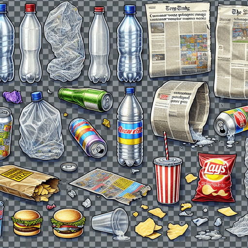 Big Sprite sheet of the most symbolic consumer waste: plastic bottle, plastic bag, can, newspaper sheet, empty hamburger wrapper, can, disposable cup with straw, opened bag of chips, opened can, and others....
game sprite sheet. blank background