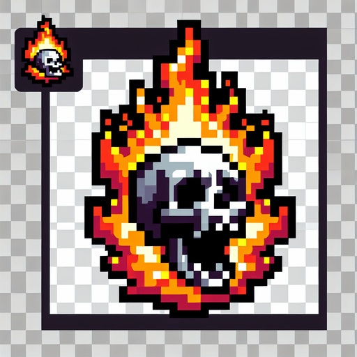 Screaming skull on fire.
In-Game asset. 2d. Blank background. No Shadows. 8-bit art.