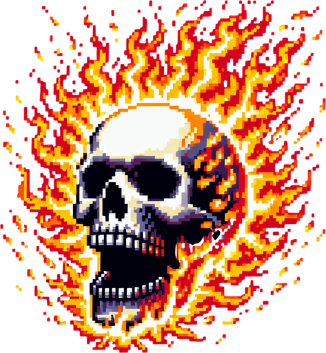 Screaming skull on fire.
In-Game asset. 2d. Blank background. No Shadows. 8-bit art.