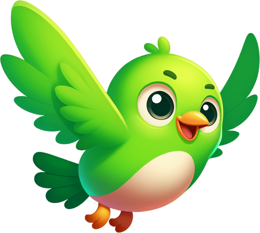 A happy little green bird flying..
Single Game Texture. In-Game asset. 2d. Blank background. High contrast. No shadows.