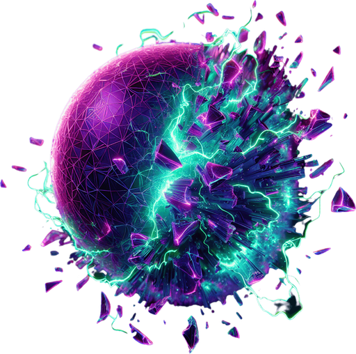 Fractured Sphere Icon:

A glowing orb breaking apart into jagged, floating shards, with chaotic energy swirling around it..
Colors: Neon purple, black, and electric green.