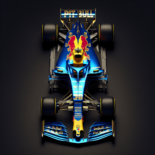 F1 Toro Rosso race car. 
ROYAL BLUE BODY WITH golden " PIT BULL"  TEXT. Red rear wing. Golden front wing. Top view..
Single Game Texture. In-Game asset. 2d. Blank background. High contrast. No shadows.