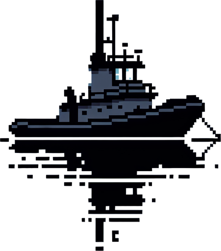8-bit silhouette of tugboat.
Single Game Texture. In-Game asset. 2d. Blank background. High contrast. No shadows.