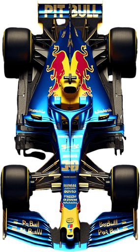 F1 Toro Rosso race car. 
ROYAL BLUE BODY WITH golden " PIT BULL"  TEXT. Red rear wing. Golden front wing. Top view..
Single Game Texture. In-Game asset. 2d. Blank background. High contrast. No shadows.