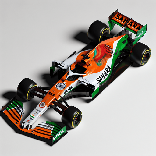 F1 Force-India race car. India flag on body. SAHARA  and KINGFISHER Sponsors
 Top view..
Single Game Texture. In-Game asset. 2d. Blank background. High contrast. No shadows.