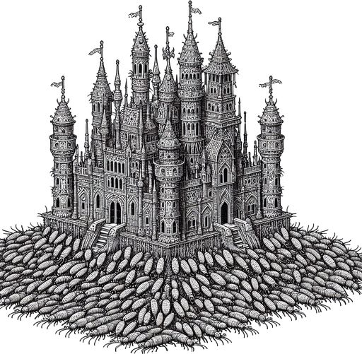 a castle made out of fleas.
Single Game Texture. In-Game asset. 2d. Blank background. High contrast. No shadows.