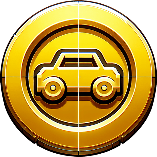 a gold coin with a car one it, simple graphics.
Single Game Texture. In-Game asset. 2d. Blank background. High contrast. No shadows.