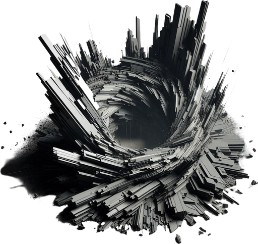 An imploding geometric shape or structure crumbling inwards into a chaotic void/vortex. Could be an intense version of the Unstable Rift, looking more menacing and powerful..
Single Game Texture.  In-Game asset.  2d.  Blank background.  High contrast.  No shadows