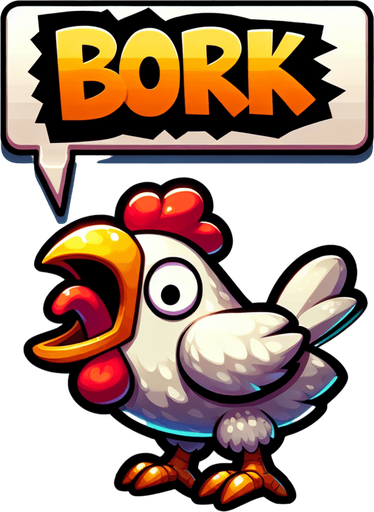 Cartoon Chicken Shouting. Speech bubble with text "Bork"
Single Game Texture.  In-Game asset.  2d.  Blank background.  High contrast.  No shadows