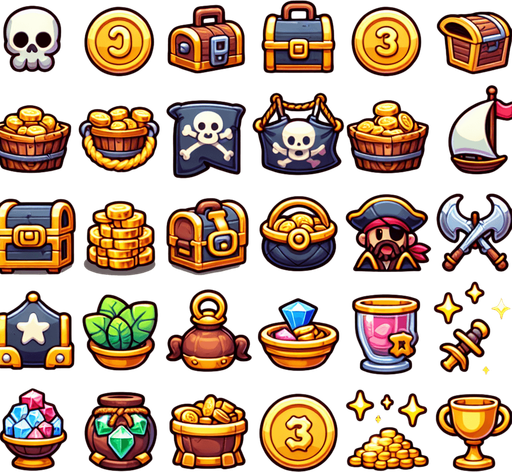sprite sheet for slot machine symbols featuring highly polished icons, for a cute casual 2d flat design illustraton vector style for a cute pirate themed game featuring a doublon, a duffle bag, a chest, a treasure, a pile of treasure, a pile of gold, a pirate flag, a chalice and other pirate like icons, each distinct from each other. blender 3D quality.
Single Game Texture. In-Game asset. 2d. Blank background. High contrast. No shadows.