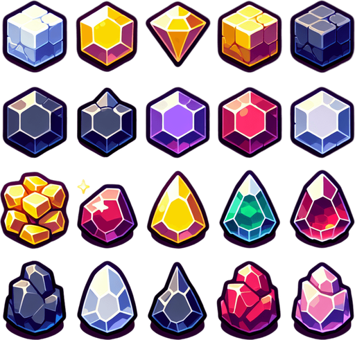Four ore elements.
Single Game Texture. In-Game asset. 2d. Blank background. High contrast. No shadows.