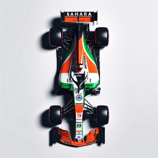 F1 Force-India race car. India flag on body. SAHARA  and KINGFISHER Sponsors
 Top view..
Single Game Texture. In-Game asset. 2d. Blank background. High contrast. No shadows.