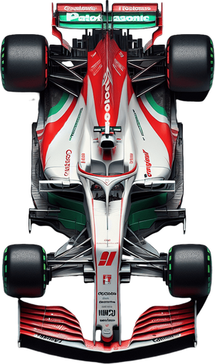 F1 race car. Top view. 
Shiny white body with shiny red stripes on body. 
Thin LIGHT green stripes.
Sponsor is green "Caistrol" & red "TOTOYA" & blue "PANDASONIC"..
Single Game Texture. In-Game asset. 2d. Blank background. High contrast. No shadows.