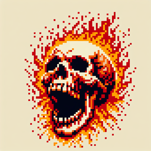 Screaming skull on fire.
In-Game asset. 2d. Blank background. No Shadows. 8-bit art.