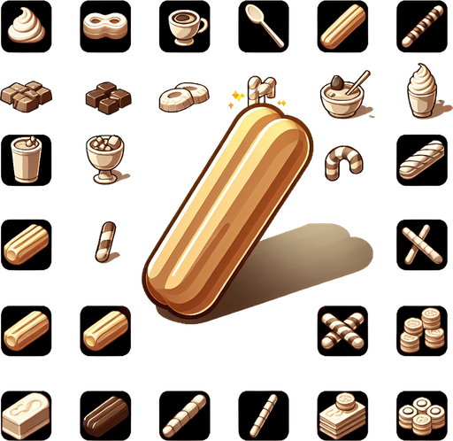 Make a dessert 'daktyla' icon. It's a dessert that it's like sticks. Their colour is beige.
Single Game Texture. In-Game asset. 2d. Blank background. High contrast. No shadows.