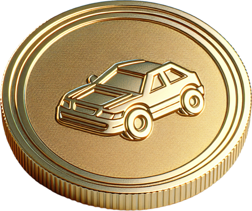 a gold coin with a car one it, simple graphics.
Single Game Texture. In-Game asset. 2d. Blank background. High contrast. No shadows.