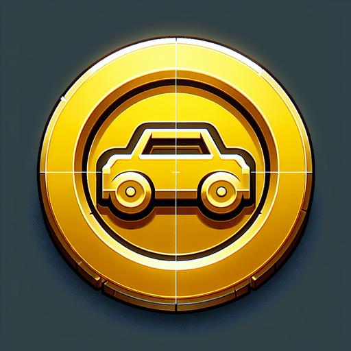 a gold coin with a car one it, simple graphics.
Single Game Texture. In-Game asset. 2d. Blank background. High contrast. No shadows.