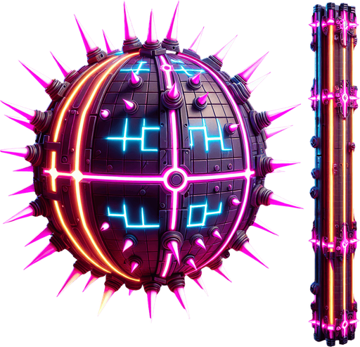 electrical neon colored cyberpunk sphere barrier with spikes.
Single Game Texture. In-Game asset. 2d. Blank background. High contrast. No shadows.