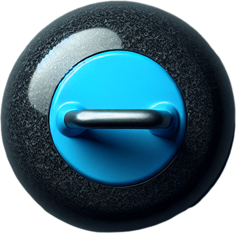 Curling stone, black stone and blue top, top view..