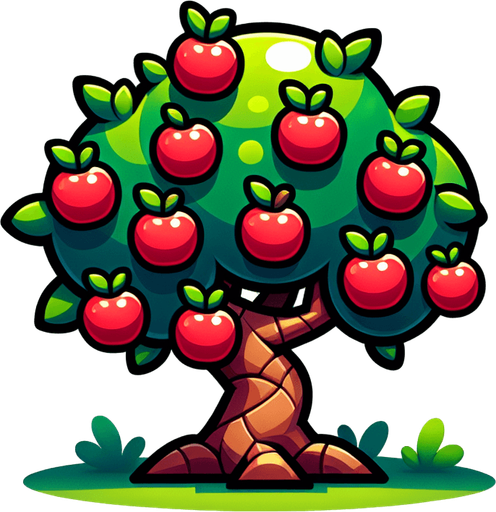 Cartoon style cute apple tree with small branches.
Single Game Texture. In-Game asset. 2d. Blank background. High contrast. No shadows.