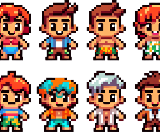 5 cartoon 8 bit beachy characters.
Single Game Texture. In-Game asset. 2d. Blank background. High contrast. No shadows.