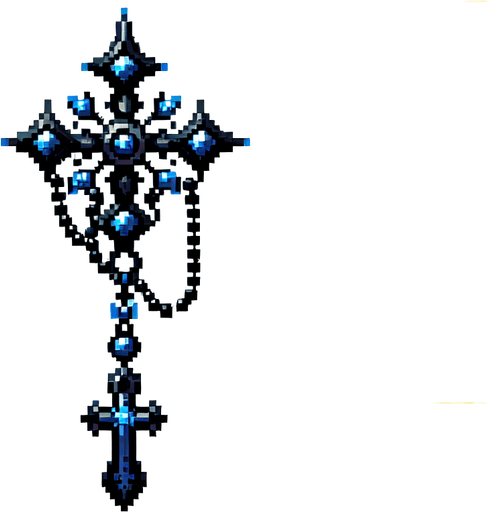 pixel art gothic rosary with blue trims.
Single Game Texture. In-Game asset. 2d. Blank background. High contrast. No shadows.
