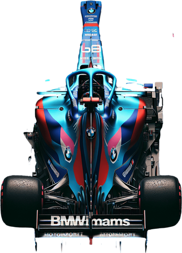 F1 BMW race car with "BMW Motorsport" livery, deep blue "Williams" rear wing, dark blue front wing. Top view..