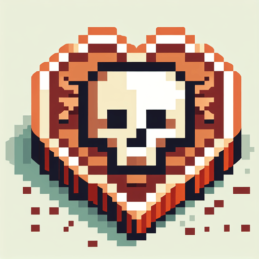 isometric doubloon copper coin icon featuring a skull. shaped like a heart. pirate themed. pixelated. 8 bit..
Single Game Texture. In-Game asset. 2d. Blank background. High contrast. No shadows.