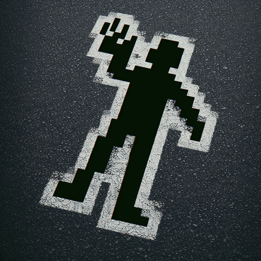 border of a silouete of a victim in white chalk on a road, arm up.
video game style