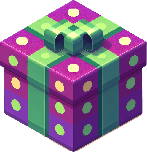 A big purple and green dotted christmas gift, isometric view Single Game Texture. In-Game asset. 2d. Blank background. High contrast. No shadows.