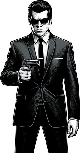 FULL-LENGHT Standing Smith agent from the Matrix, He holds the pistol in front of him to aim. front view.