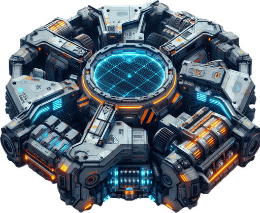 A rugged autonomous mining unit with:

Core: Rotating hexagonal chassis with visible piston-driven gears

Propulsion: Four anti-gravity thrusters glowing orange (Tier 1) → plasma-blue (Tier 3)

Tools: Dual-mounted laser drills + magnetic ore claws

Armor: Scratched titanium plating with hazard stripes

Interface: Holographic mineral scanner (projects blue grid lines)

Unique Feature: Emergency repair arms that spark when damaged.
Single Game Texture.  In-Game asset.  2d.  Blank background.  High contrast.  No shadows