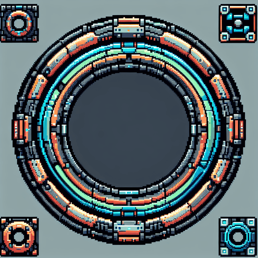 pixel art of a circular border in a scifi style.
Single Game Texture. In-Game asset. 2d. Blank background. High contrast. No shadows.