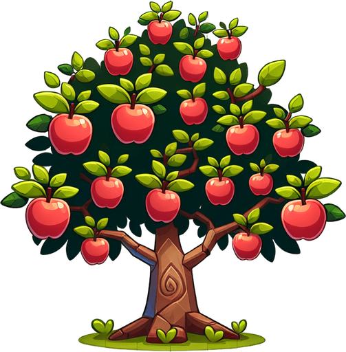 Cartoon style cute apple tree with small branches.
Single Game Texture. In-Game asset. 2d. Blank background. High contrast. No shadows.