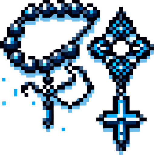 pixel art gothic rosary with blue trims.
Single Game Texture. In-Game asset. 2d. Blank background. High contrast. No shadows.