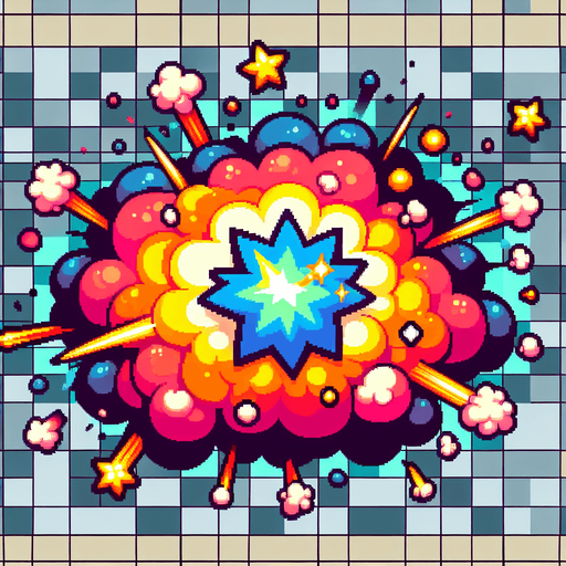 a cartoon explosion. pixel art style..
Single Game Texture. In-Game asset. 2d. Blank background. High contrast. No shadows.