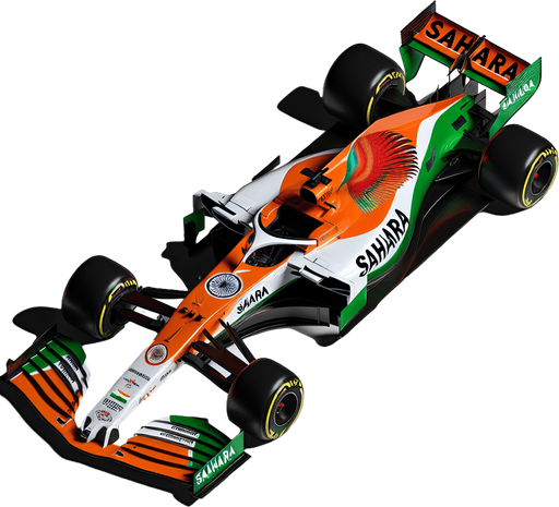 F1 Force-India race car. India flag on body. SAHARA  and KINGFISHER Sponsors
 Top view..
Single Game Texture. In-Game asset. 2d. Blank background. High contrast. No shadows.