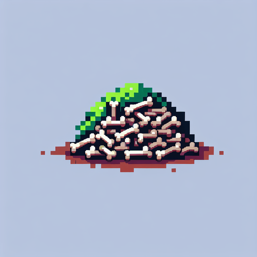 Single Game Texture. In-Game asset. 2d. Blank background. High contrast. No shadows. Single Game Texture. In-Game asset. 2d. Blank background. High contrast. No shadows. A pixel art sprite in a Super Nintendo, Super Castlevania style that looks like a small pile of bones