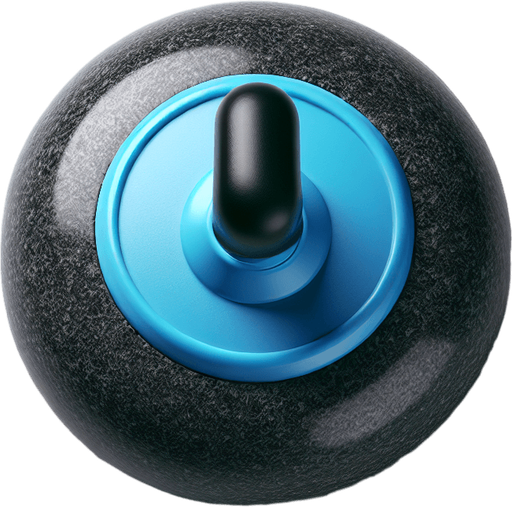 Curling stone, black stone and blue top, top view..