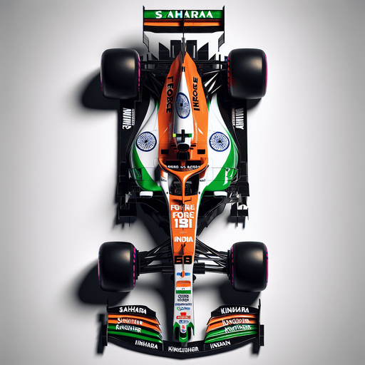 F1 Force-India race car. India flag on body. SAHARA  and KINGFISHER Sponsors
 Top view..
Single Game Texture. In-Game asset. 2d. Blank background. High contrast. No shadows.