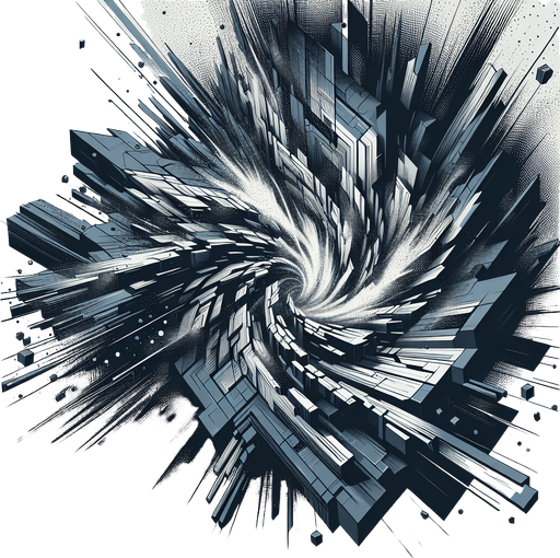 An imploding geometric shape or structure crumbling inwards into a chaotic void/vortex. Could be an intense version of the Unstable Rift, looking more menacing and powerful..
Single Game Texture.  In-Game asset.  2d.  Blank background.  High contrast.  No shadows