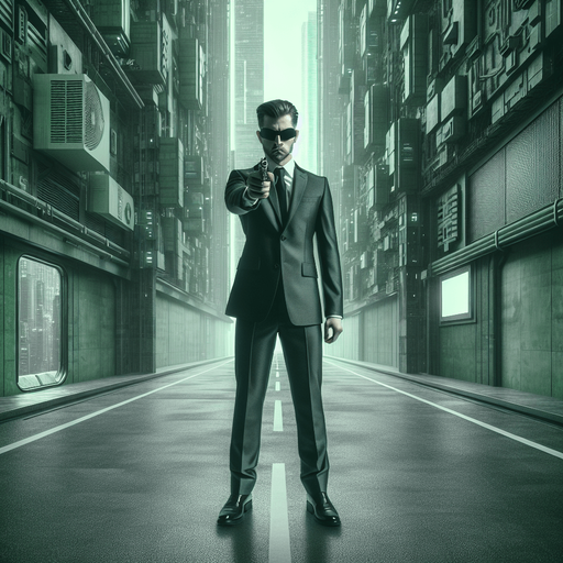 FULL-LENGHT Standing Smith agent from the Matrix, He holds the pistol in front of him to aim. front view.