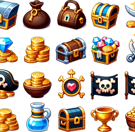 sprite sheet for slot machine symbols featuring highly polished icons, for a cute casual 2d flat design illustraton vector style for a cute pirate themed game featuring a doublon, a duffle bag, a chest, a treasure, a pile of treasure, a pile of gold, a pirate flag, a chalice and other pirate like icons, each distinct from each other. blender 3D quality.
Single Game Texture. In-Game asset. 2d. Blank background. High contrast. No shadows.