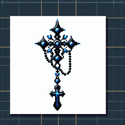 pixel art gothic rosary with blue trims.
Single Game Texture. In-Game asset. 2d. Blank background. High contrast. No shadows.
