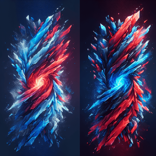 Two different colored streams of energy (e.g., red and blue) flowing and swirling together in the center. Could also be a crystal icon split into two distinct colors..
Single Game Texture.  In-Game asset.  2d.  Blank background.  High contrast.  No shadows
