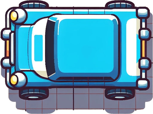 car top view design like in children's cartoons image color blue.
Single Game Texture. In-Game asset. 2d. Blank background. High contrast. No shadows.
